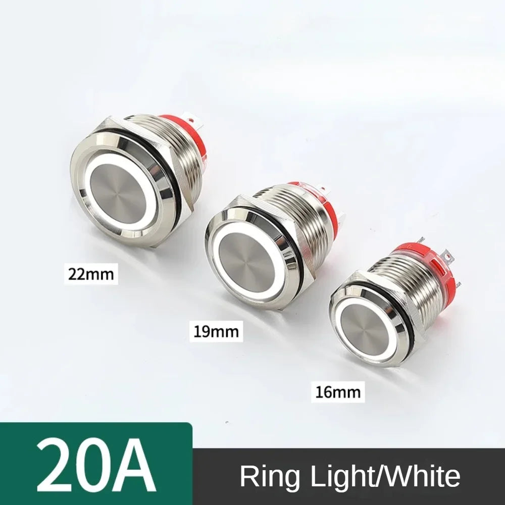 16/19/22mm 20A High Current Metal Push Button Switch IP67 Waterproof LED Light Momentary Latching Car Engine Power Switch Red