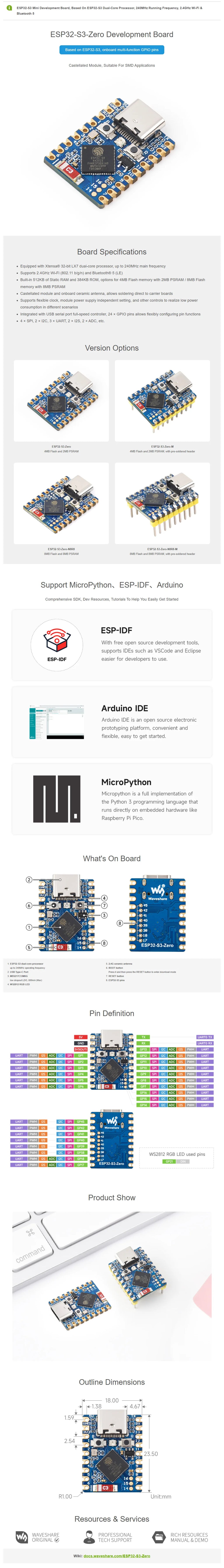 【Official Guarantee】Waveshare ESP32-S3 Mini Development Board, Based On ESP32-S3FH4R2 Dual-Core Processor, Microcontroller