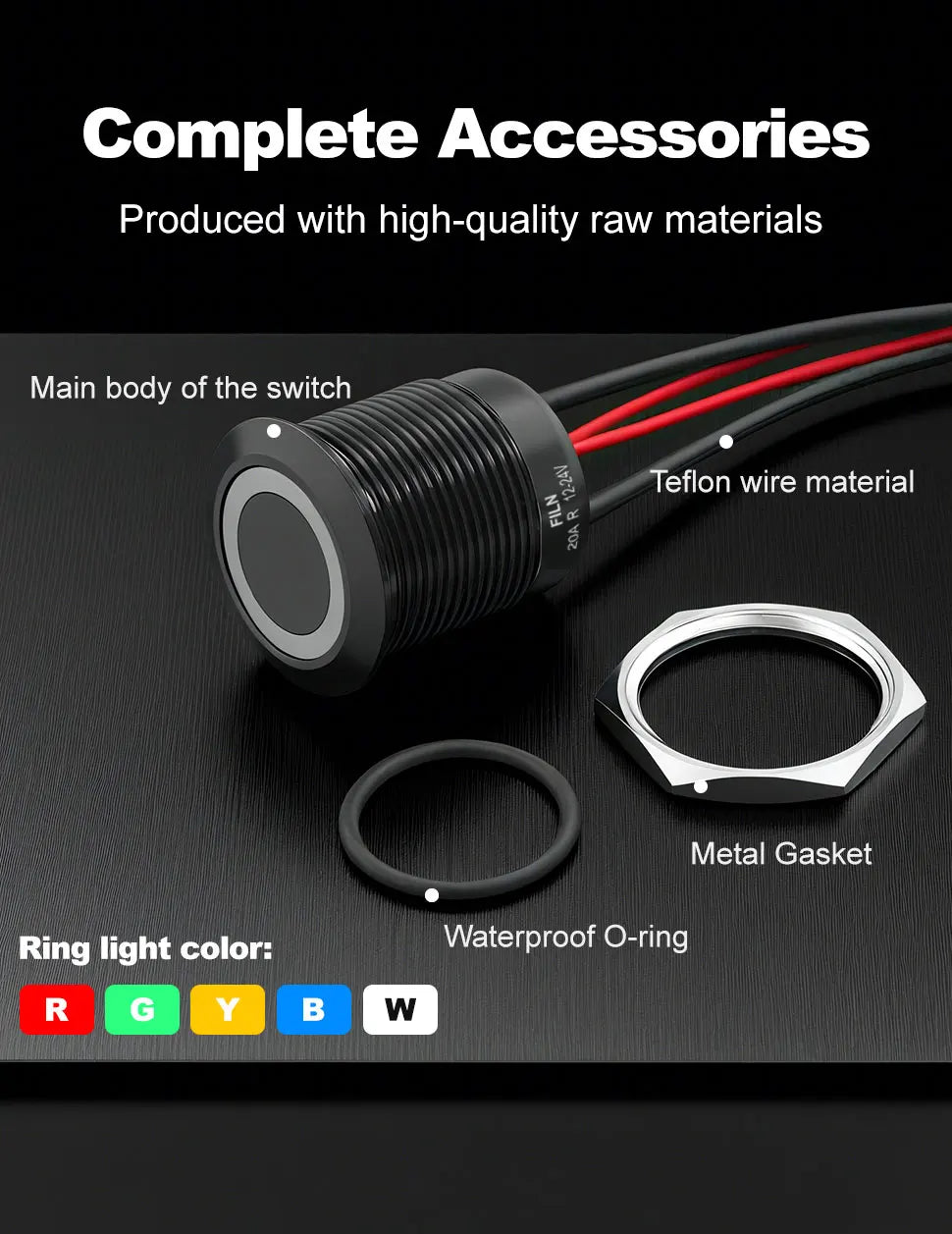FILN 19MM 20A 12V 24V 110V 220V LATCHING MOMENTARY Flat Ring Round Push Button Switch IP66 Metal Stainless Steel  with 20cm Wire