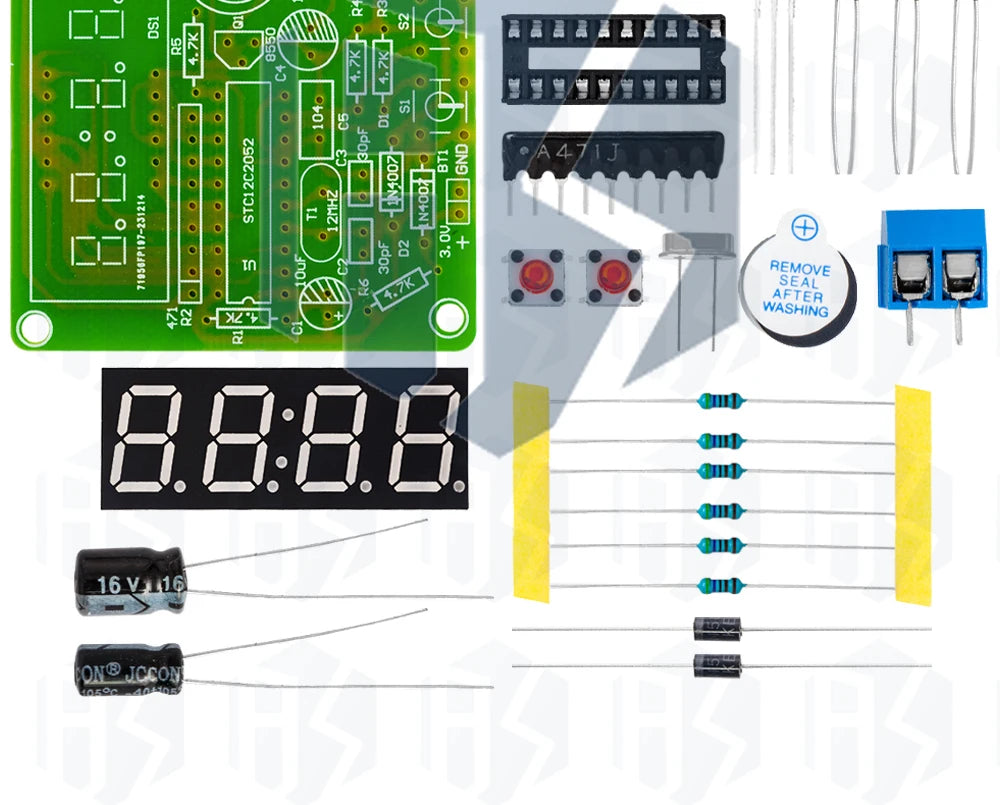 ‌AT89C2051-24PU 8051 Microcontroller LED Clock Kit – 4-Digit 7-Segment DIY Soldering Project with DS1307 RTC (I²C) | Alarm/Timer