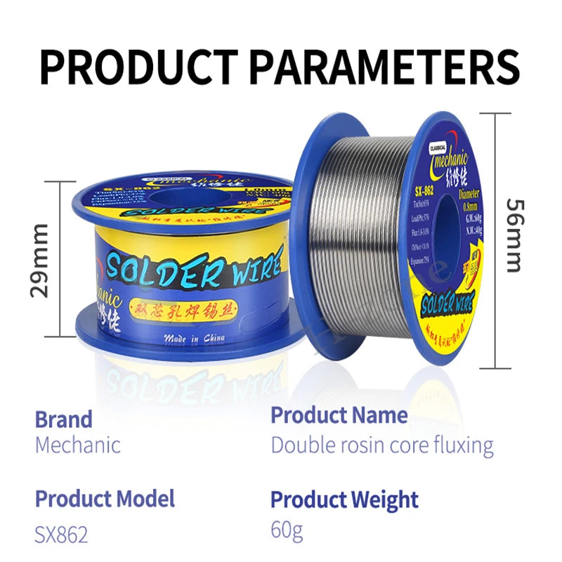 MECHANIC SX-862 60g Double Hole Rosin Core Solder Wire 183℃ Melting Point Solder Flux 1-3% No-residue High Purity Welding Cable
