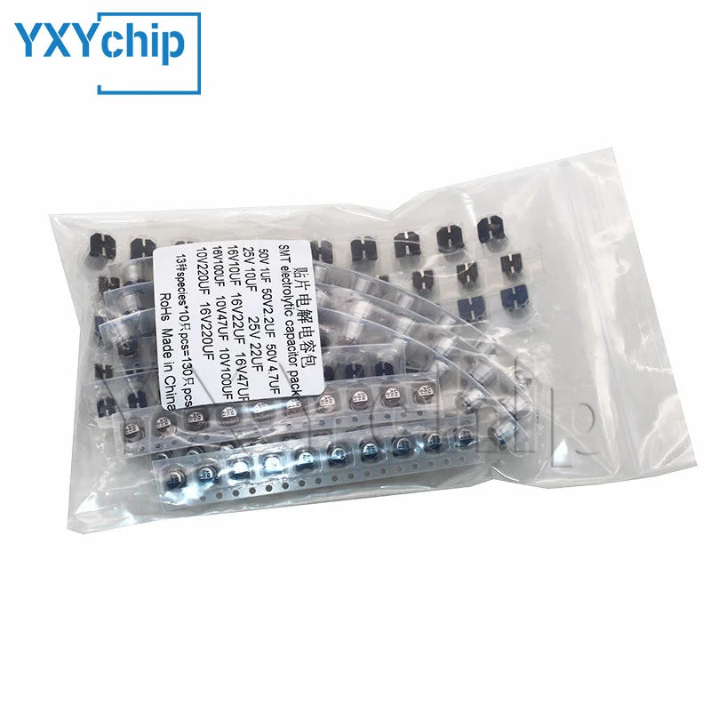 130PCS SMD Aluminum Electrolytic Capacitor Kit 1UF-220UF 13 Values Set of Capacitors Assorted Pack 10V 16V 25V 50V 1UF 10UF 47UF