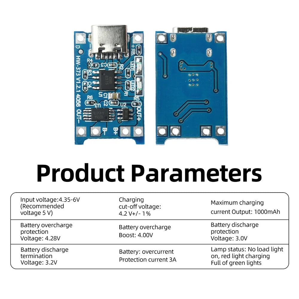 5pc Set Type-c Port 5v 1a 18650 Tp4056 Lithium Battery Charger Module Charging Board Charging Protection With Led Light