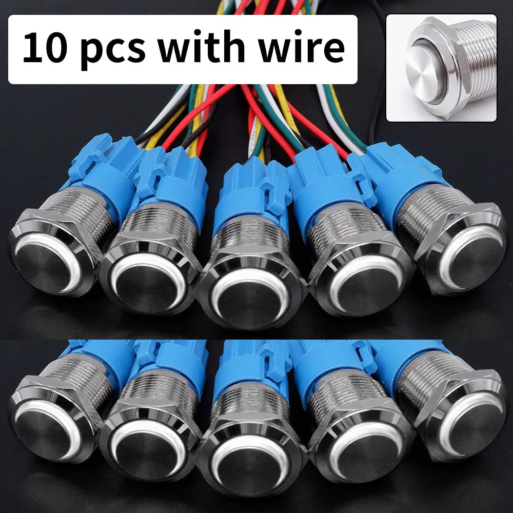 10 pcs  Latching Push Button Switch Metal Shell 16/19/22mmWaterproof Power Symbol Pattern Self-Locking Momentary Fixed 1NO 1NC