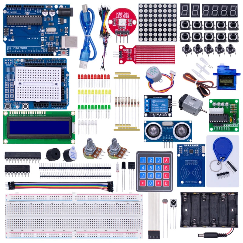 Complete Starter Kit for Arduino Uno R3, Includes Uno R3 Board, Breadboard, Motors, LCD, Sensors & Accessories