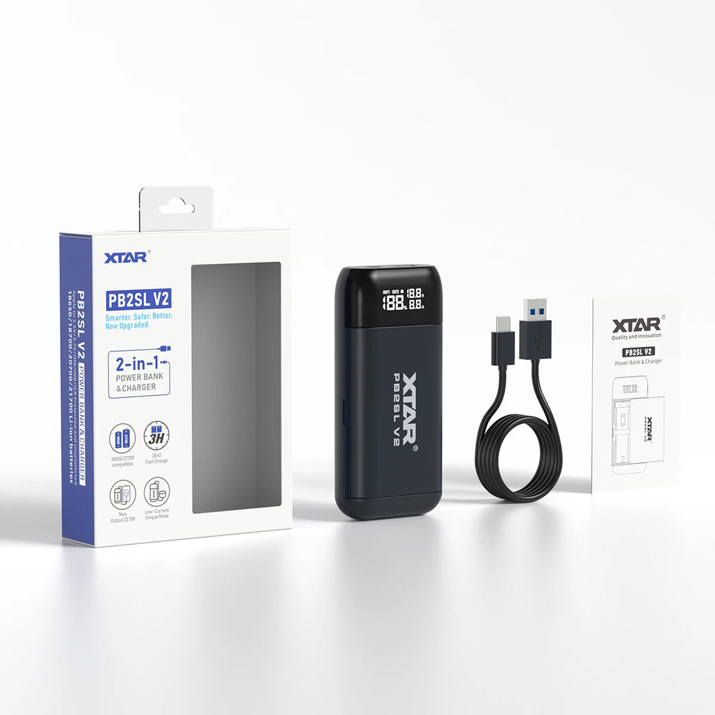 XTAR PB2SL V2 18650/21700 Battery Charger & Power Bank Fast Charging Smart Management Dual Function Safe Portable Solution