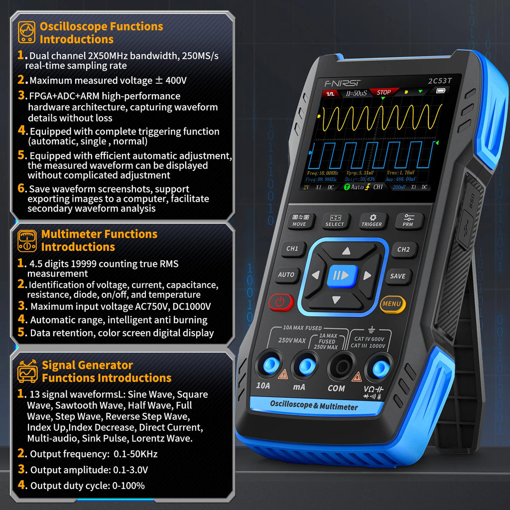 FNIRSI 2C23T 2C53T Upgrade 50MHz Handheld Digital Oscilloscope Multimeter Signal Generator  3 in 1 Dual Channel Automotive Tools