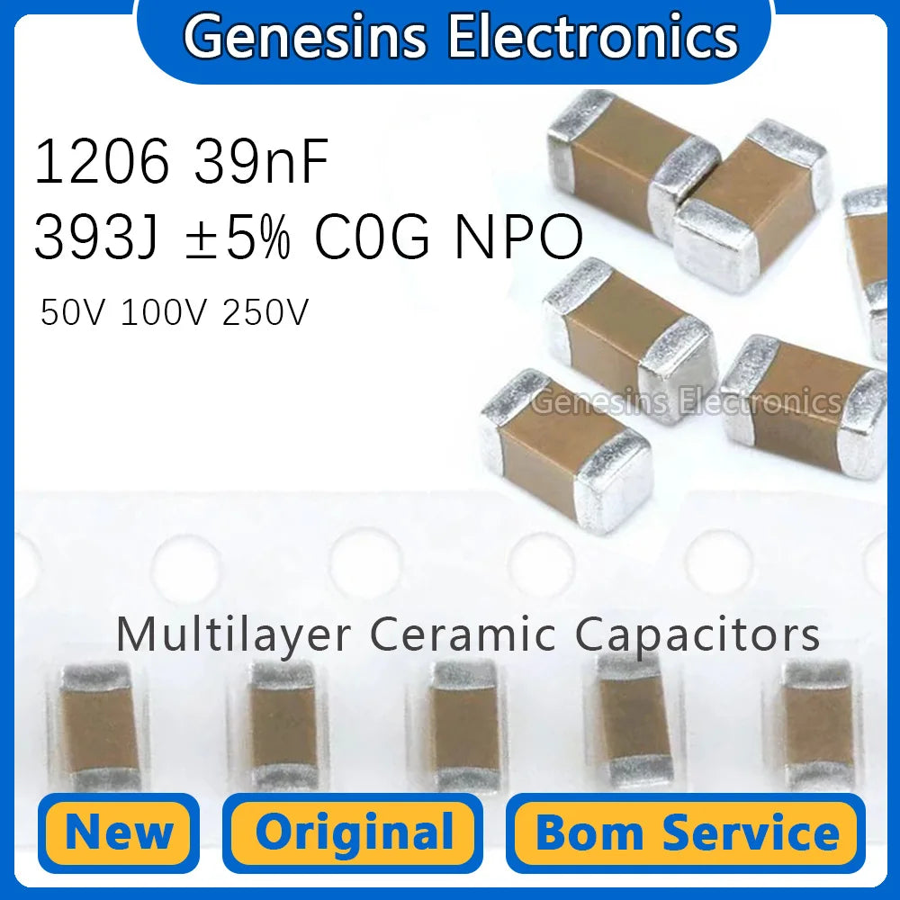 10 pcs 1206 39nF 393J 50V 100V 250V 5% C0G NPO 3216 SMD ceramic capacitors