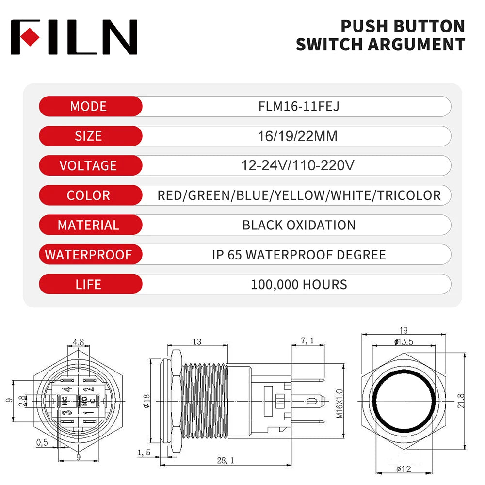 16/19/22mm IP67 Waterproof Push Button Switch LED Ring Light Momentary/Latching Harness Connector Car Engine Power Switches