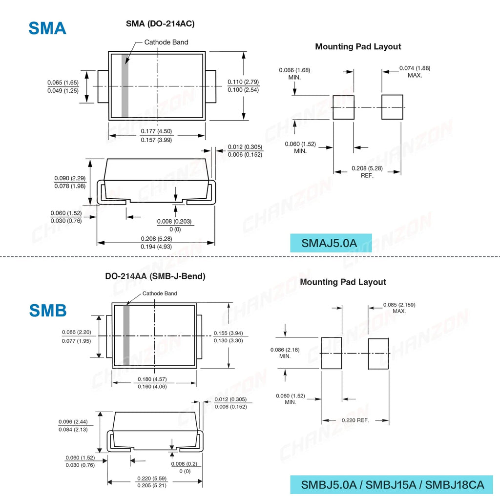 50Pcs 100% Original SMAJ5.0A SMBJ5.0A SMBJ15A SMBJ18CA TVS Diode SMA SMB 800uA 1.0uA 5V 15V 18V 400W 600W Unidirectional Channel