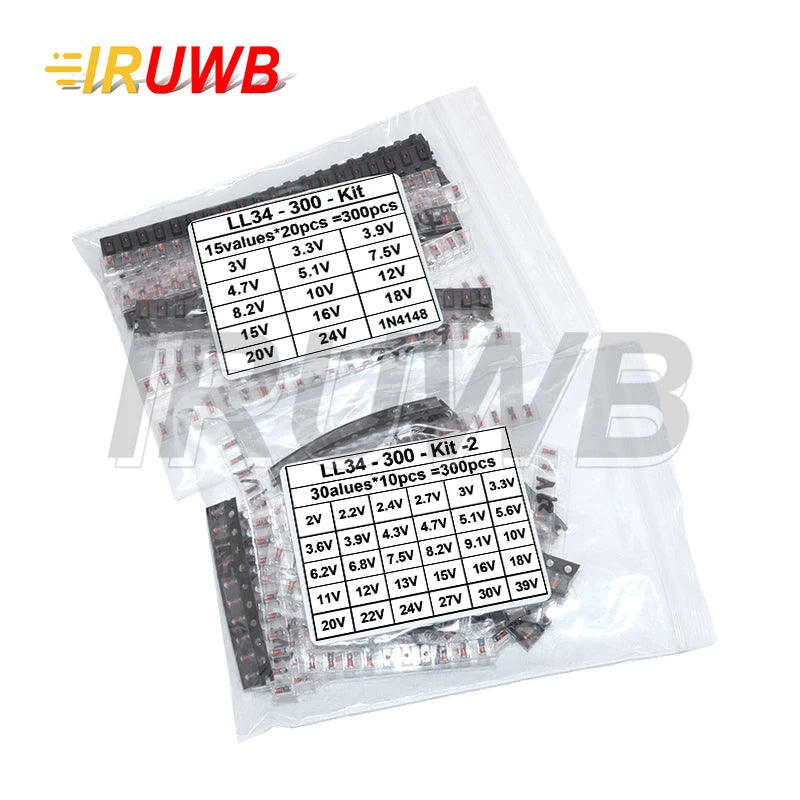 300PCS SMD 0.5W 1/2W 3V-24V 2V-39V SMD Diode Set 1N4148 LL34 Zener Diode Kit