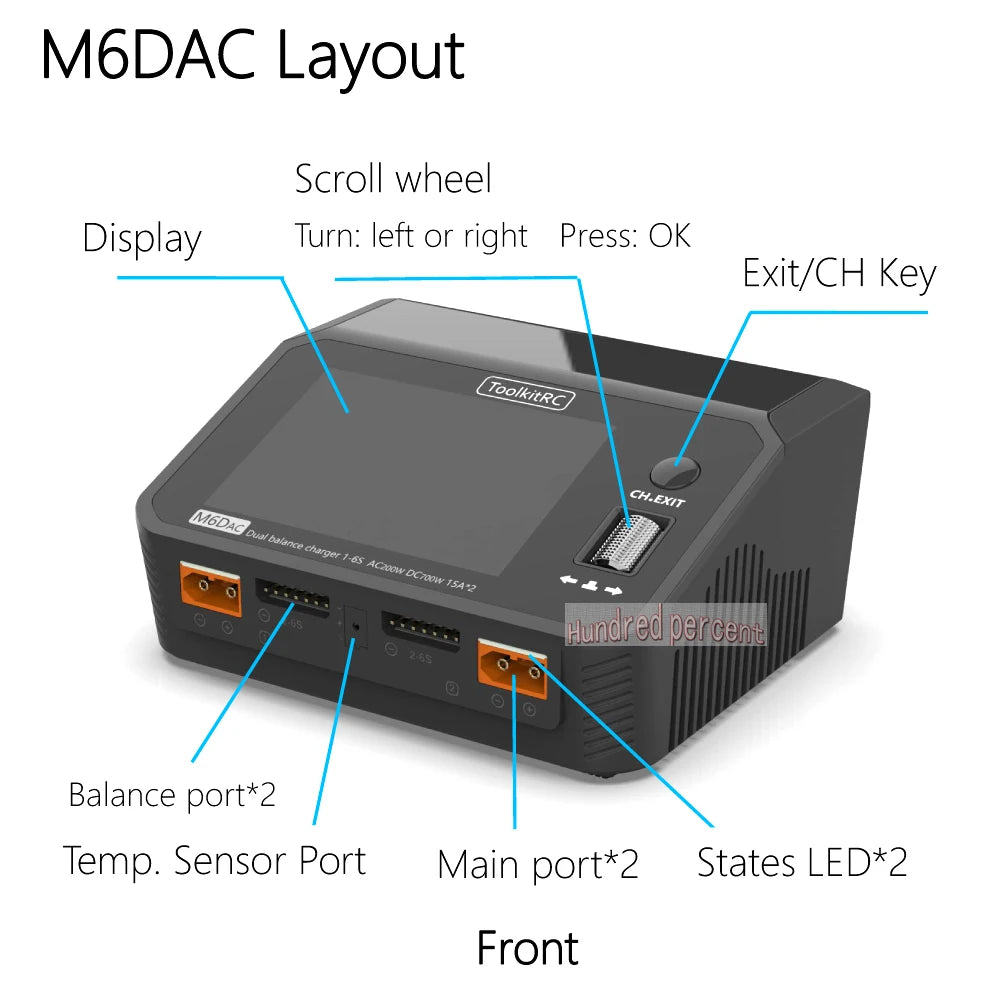 ToolkitRC M6DAC Dual Channel Smart Lipo Battery Charger Discharger AC 200W DC 350WX2 15A for 1-6S LiHV PD 65W
