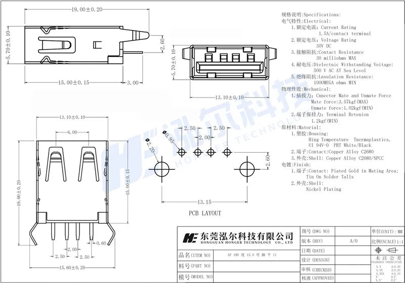 10 Pieces USB Type A Female Socket 180 Degrees Vertical 4pins USB Interface AF 13.7mm / 15.0mm