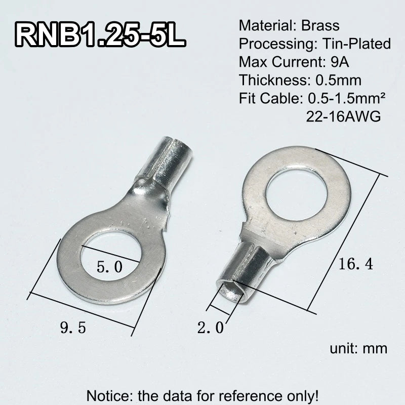 100pcs RNB Brass Ring Bare Terminal Block Connector Cable Lugs Wire Crimping Tips Electrical Connection Strips 12V 2.5mm 4mm 6mm
