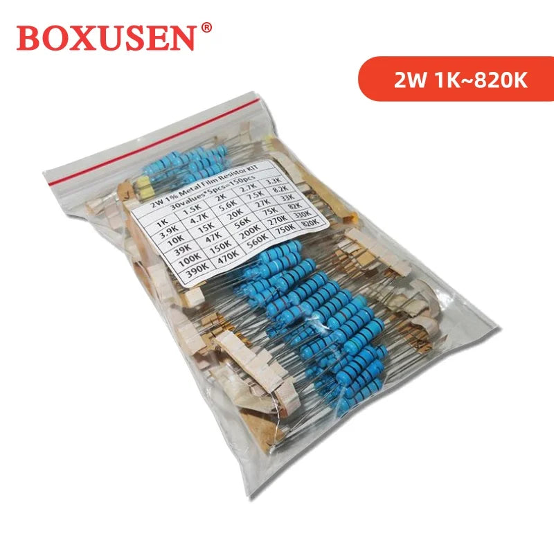 300PCS 150PCS 30values Each 5/10PCS 1~750 1K~820K Ohm 1/2W 1W 2W 3W Resistance 1% Metal Film Resistor Assortment Kit Set