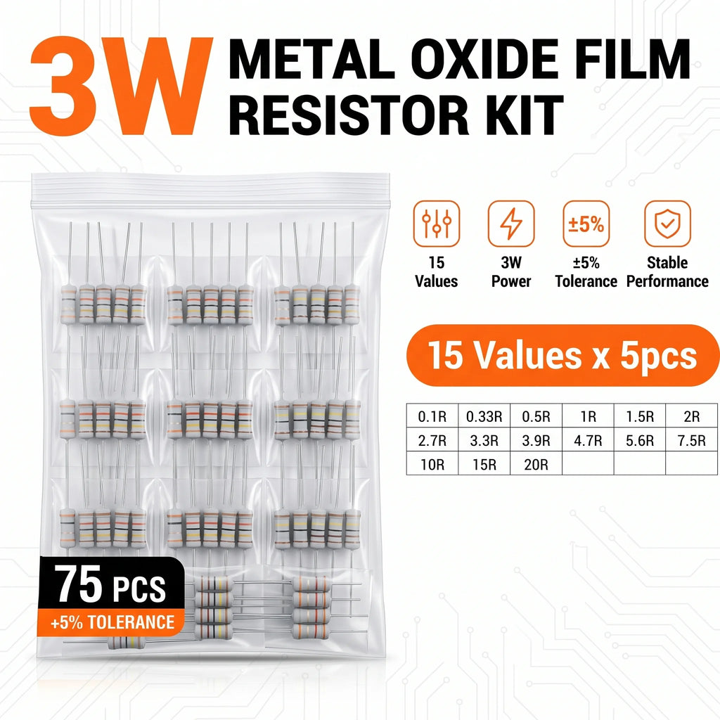 Carbon Film Resistor Kit 1/8W 1/4W 1/2W 1W 2W 3W 5W 5% 4 Band Through Hole Axial Lead Resistor DIY Electronic Components