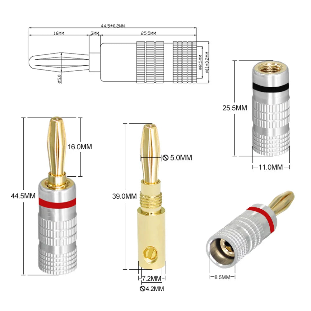 Musical Sound 24K Gold Plated Speaker Plugs Audio Banana Connector for Speaker Wire Open Screw Type Hifi Banana Plugs