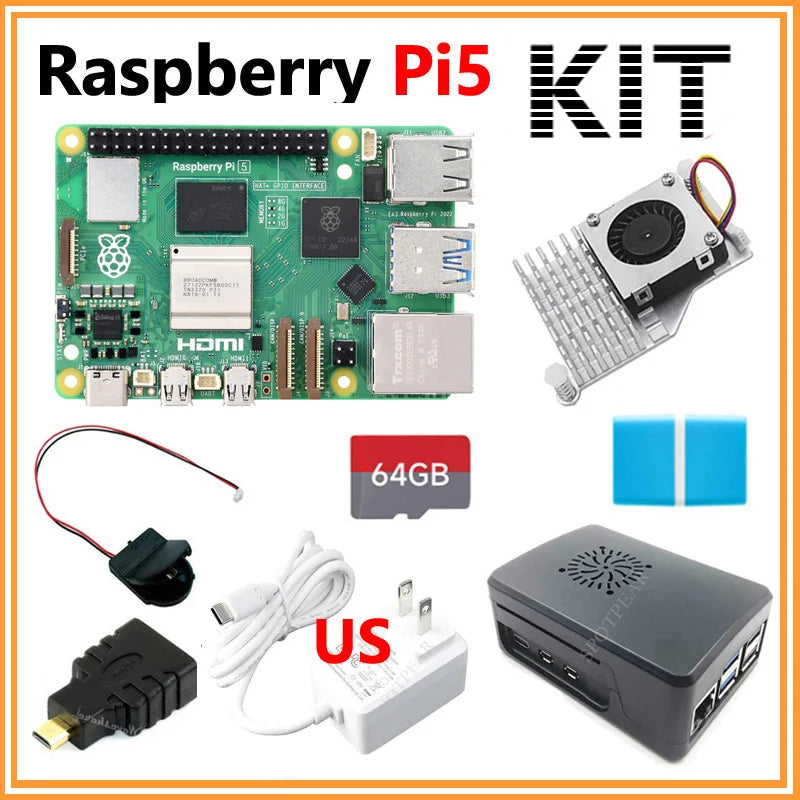 Raspberry Pi 5 16GB /8GB/4GB/2GB RAM Option Pi5 8GB KIt PD Power Supply / RTC / 64GB Card / Heatsink Fan / Card reader