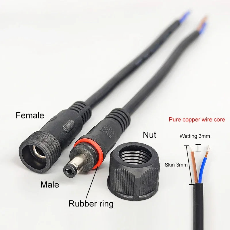 12V DC Power Plug 55*21mm 2Pin Waterproof Connector Male Female Terminal Butt Joint Monitoring Line 1-5M Extension Cord IP67