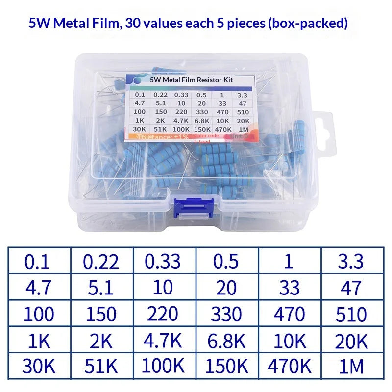 1% 5%  Metal Film Resistor Assortment Kit 1/4W 1/2W 1W 2W 3W 5W Through Hole 30/41/130 Values Electronic Components 300 600 2600