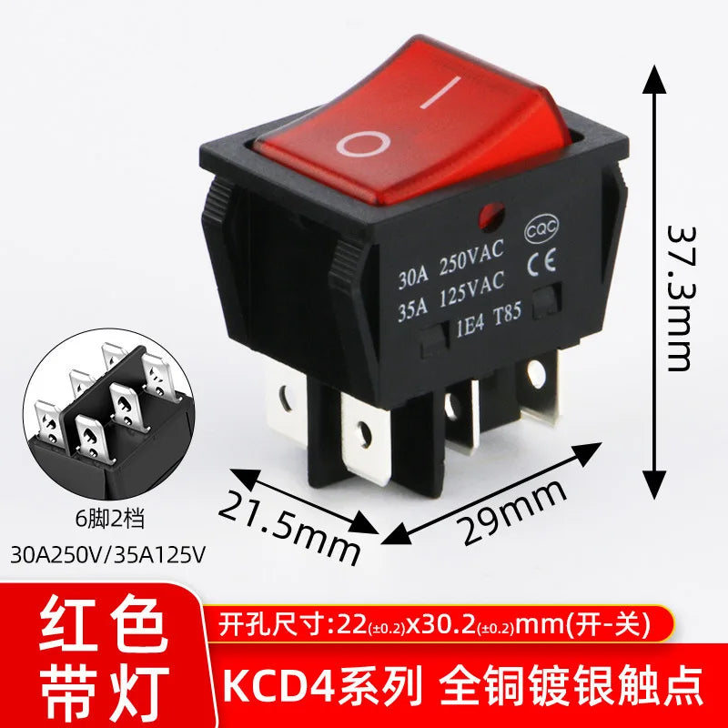 5PCS 16A 20A 30A Rocker Switch 220V 120V KCD7 KCD4 4 6 Pin Rocker Toggle Switch SPDT ON OFF Red Lighted Heavy Duty T125 T85