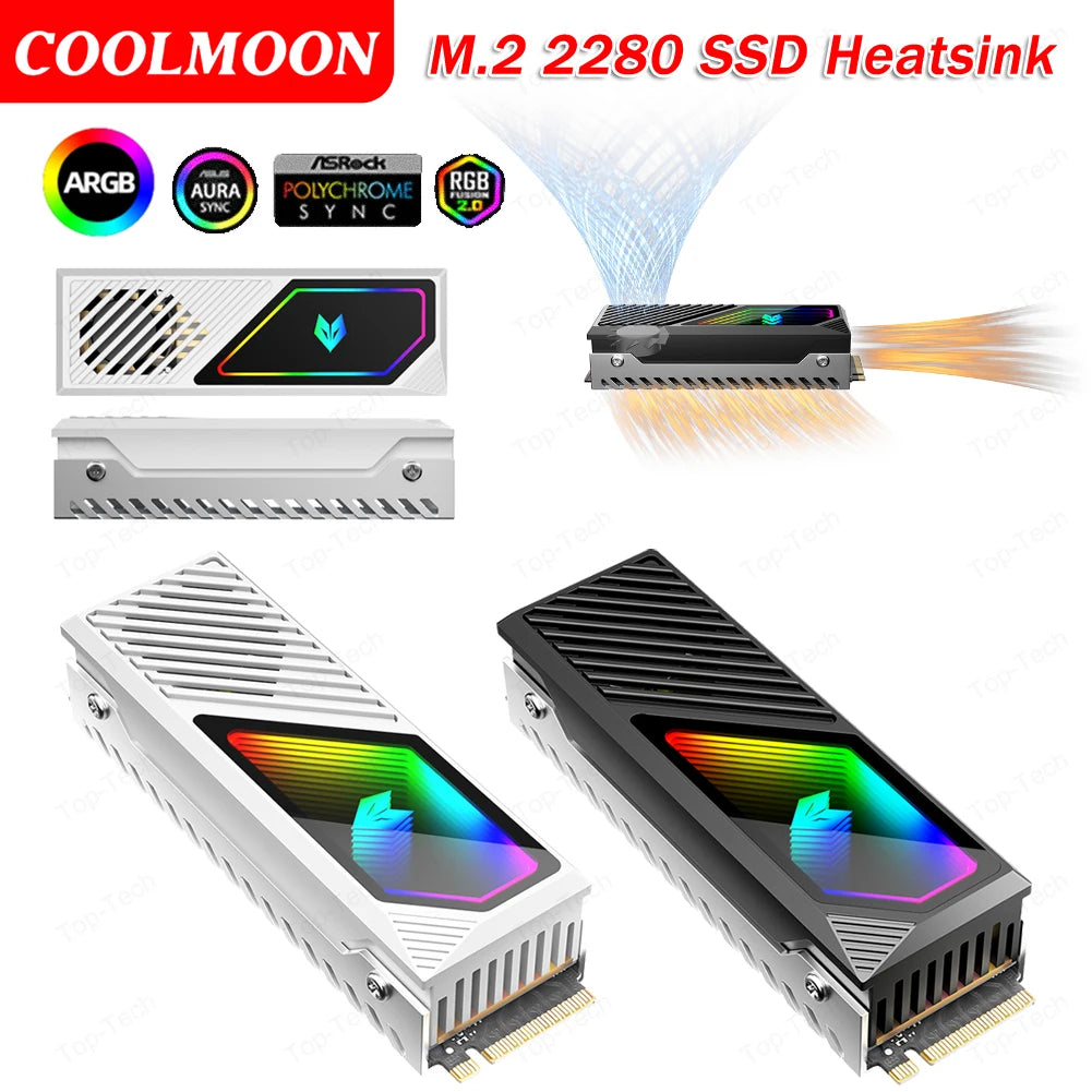 M.2 2280 SSD Heatsink SSD Aluminum Alloy 5V 3 Pin ARGB Radiator Built-in Cooling Fan Hard Drive Heatsink M.2 Radiator Cooler