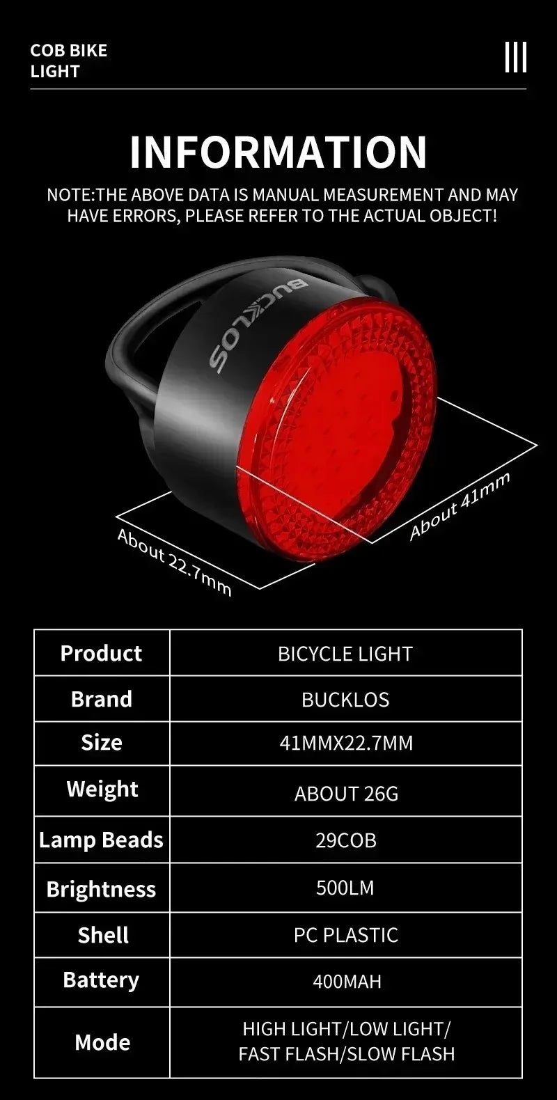 BUCKLOS Bicycle Rear Light Front Light 1100mAh LED COB Waterproof Bike Lamp USB Rechargeable Mtb Road Bike Taillights Bike Parts