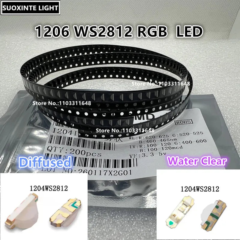 1206 WS2812 Side RGB SMD LED Built-in IC,Water Clear/Diffused,1204 5V Full Color Lamp Beads 3.2*1.0MM