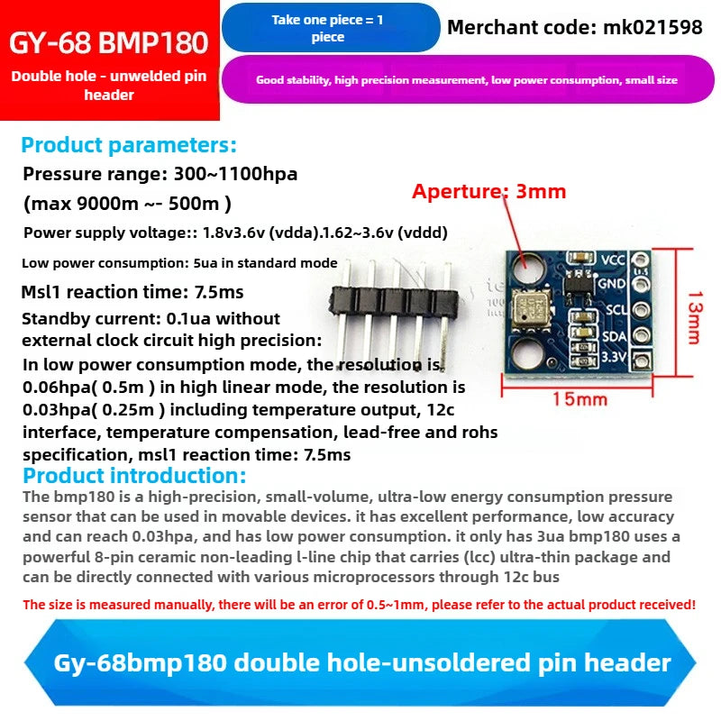 1PCS GY-68 BMP180 High-Precision Digital Pressure and Temperature Sensor Module Compatible with BMP085 for Arduino ESP32