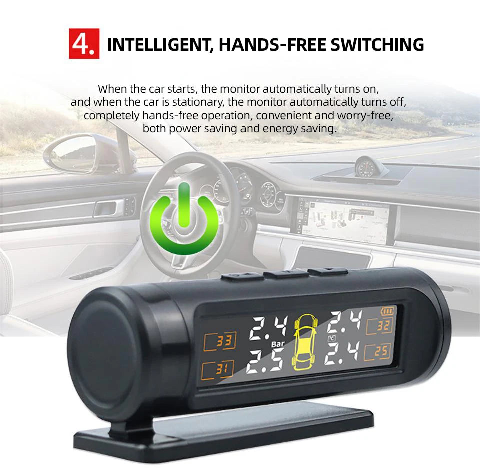E-ACE 4 Sensors TPMS Removable Battery Wireless Intelligent Sensing Tire Pressure Monitor System Safety Alarm LCD Display