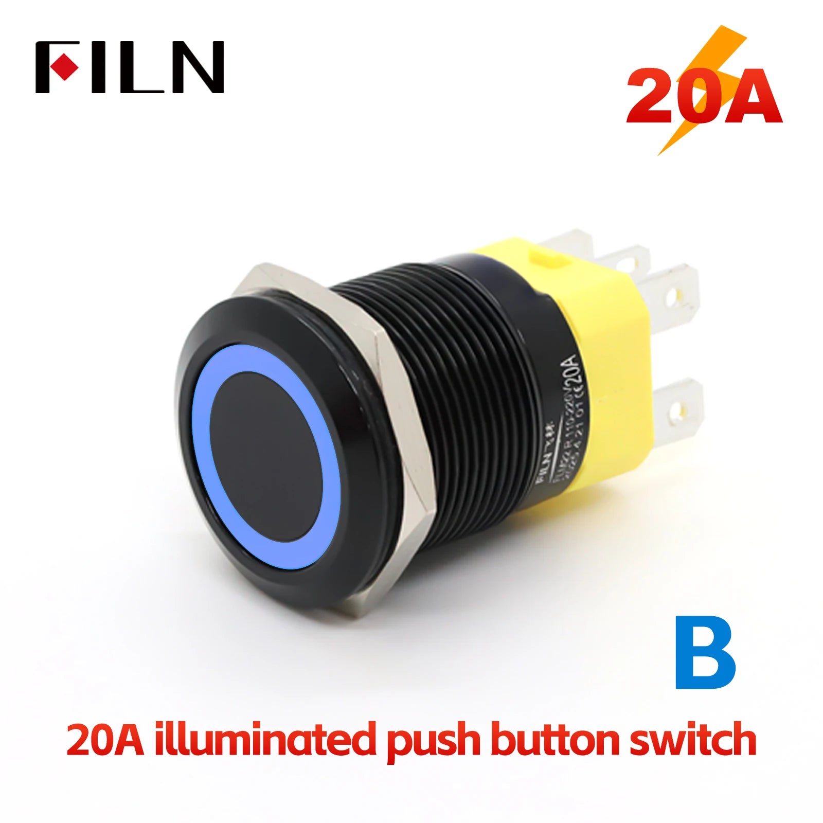 FILN 22mm 20A Metal Push Button Switch with Wire Harness Connector IP67 Waterproof LED Ring Light High Current Switch 12V 220V