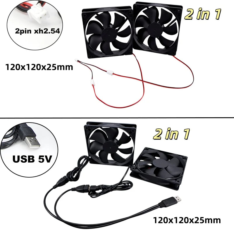 2 in 1 120mm 12cm 12025 DC USB Fan  5V 12V 24v 120mm*120mm*25mm Brushless USB Cooling Fan oil 2PIN PC Case Cooler 12cm E