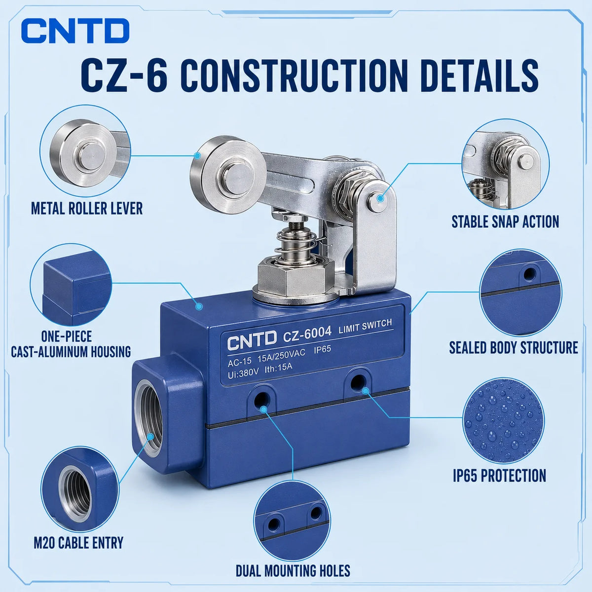 CNTD CZ‑6 Series Limit Switch CZ‑6001 CZ‑6002 CZ‑6003 CZ‑6004 CZ‑6005 Micro Travel Switch IP65 15A CE Certified Waterproof