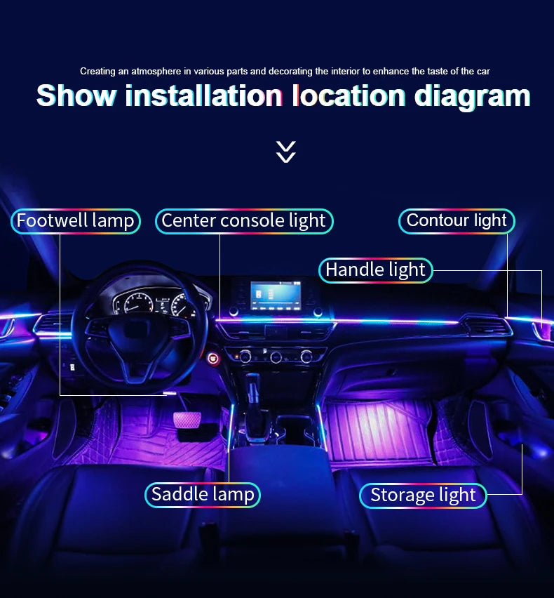 6/10/14/18 in 1 Led Car Ambient Lights RGB 213 64 Color Acrylic Strips Symphony Streamer Interior Atmosphere Lamp Control By App