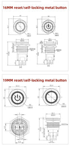 12 16 19 22MM Metal Button Switch LED Light Waterproof Momentary  Self-Locking Car Engine Power Supply 5V 6V12V24V 220V Red Blue