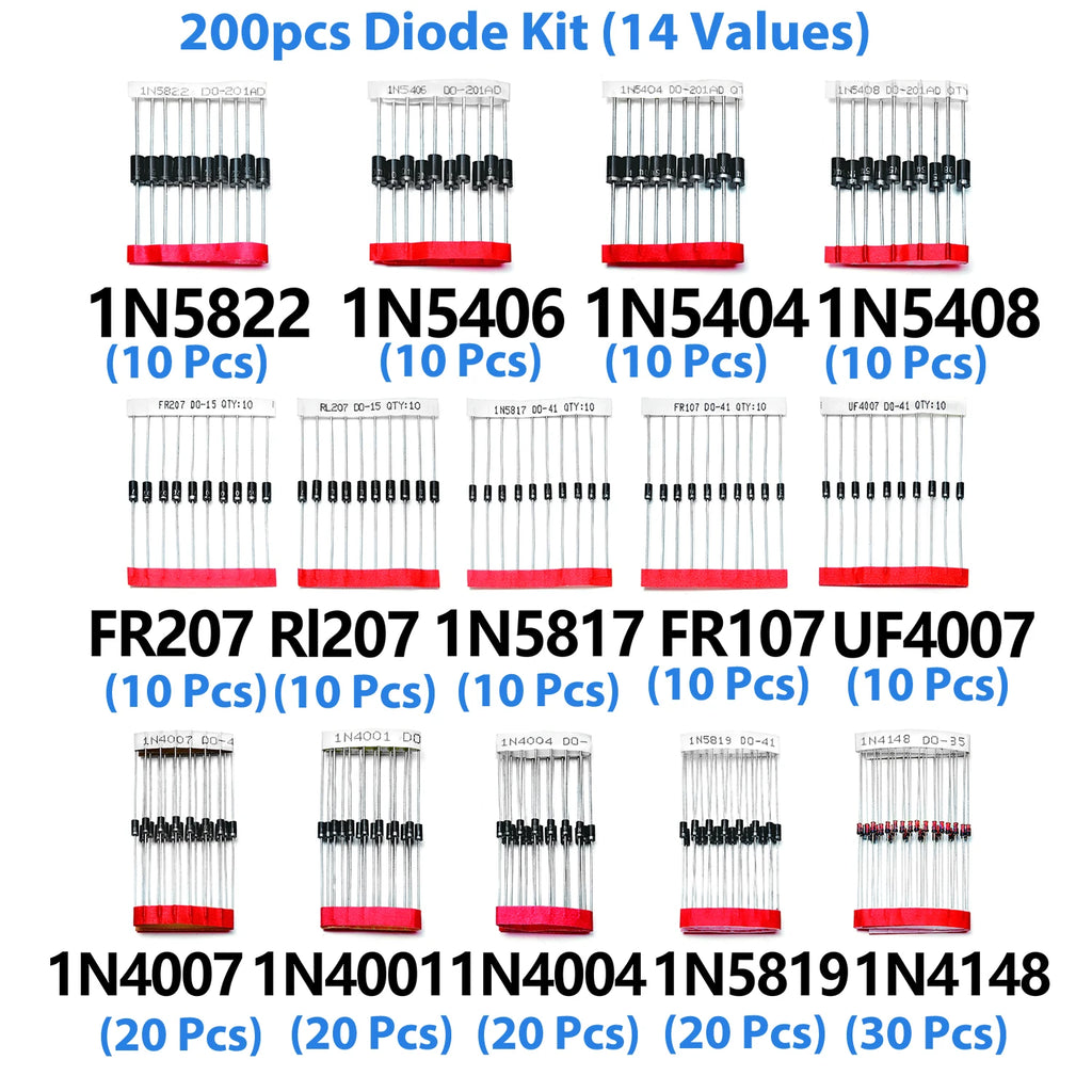 14 Values Fast Switching Schottky Diode Assorted Kit 1N4001 1N4004 1N4007 1N5408 UF4007 FR207 1N5817 1N5819 1N5822 1N4148 RL207