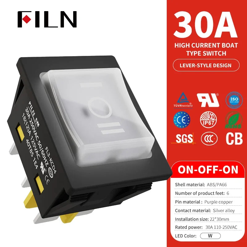 30A/250V Heavy Duty 4 Pin DPST IP67 Sealed Waterproof T85 Auto Boat Marine Toggle Rocker Switch with LED 12V 220V 30x22