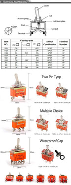 FILN 15A 250V Toggle Switches Miniature Thumb Lever on Off SPST SPDT DPDT Power Rocker Waterproof Cap for Electronics
