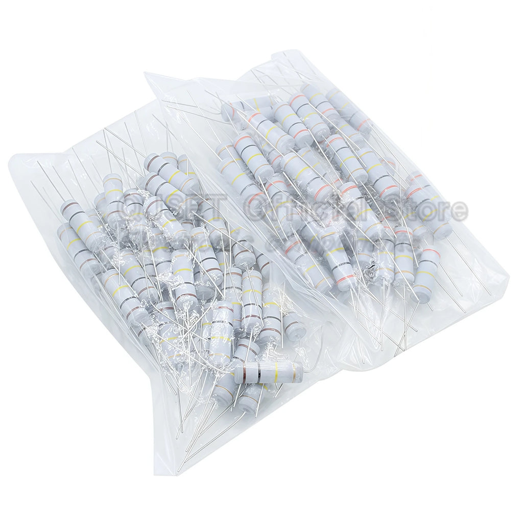 50Pcs 5W Carbon Film 4Color Ring Resistors 5% 5W 10R 20R 47 100 470 Ohm 1K 4.7K 10K 47K 100k 200k 470k Ohms Oxide Film Resistors