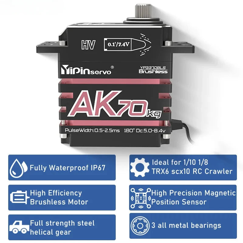 YIPIN Magnetic Coding Servo AK70 High Torque Full Metal Digital Servo 7.4V 70kg Brushless Motor IP67 180 Degree for RC Car Robot