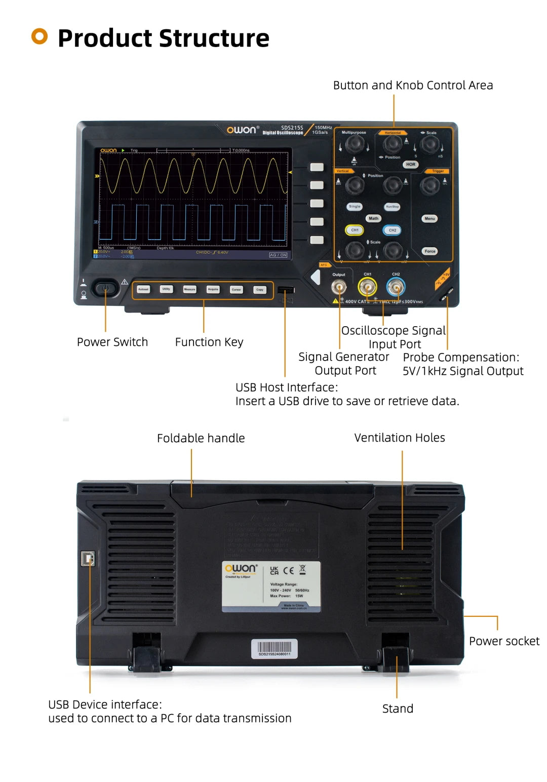 Owon SDS210S 2CH 100-200MHz 1GS/s 14Bit 25MHz FFT Scope Digital Oscilloscope  with Signal Generator Function