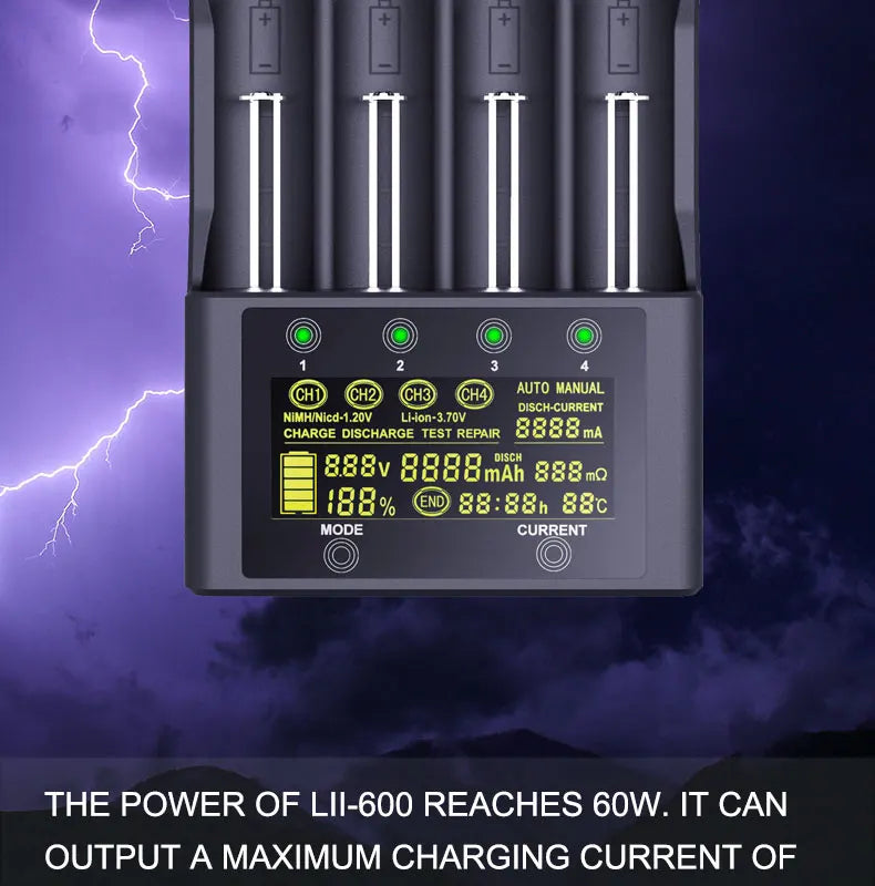 LiitoKala Lii-600 4 Bay LCD Smart Charger 3A Fast Charging 18650 21700 26650 26700 Li-ion NiMH AA AAA C Capacity Tester