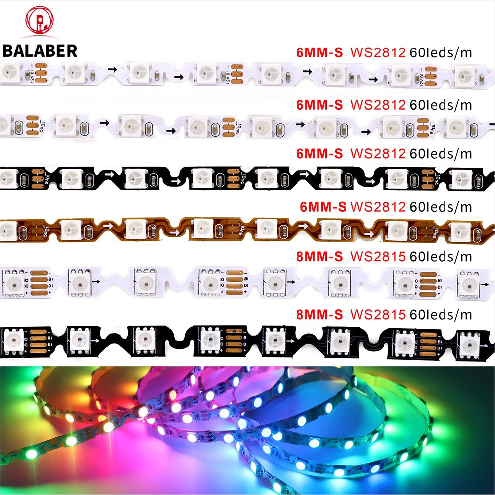 5V 12V WS2812 WS2815 S Shape Foldable Led Strip Light Addressable for DIY 60leds 6mm PCB I Dream Color 5050 RGB Pixels LEDLight