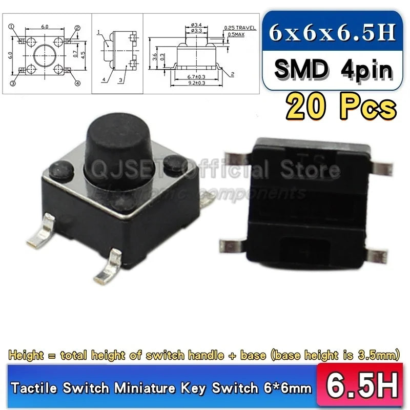 20pcs SMD Tactile Switch 6*6*4.3mm 6x6x5/6/7/8/9/10/11/12/13/14mm 6X6 4-Pin SMT Induction Oven Touch Tactile Button Micro Switch