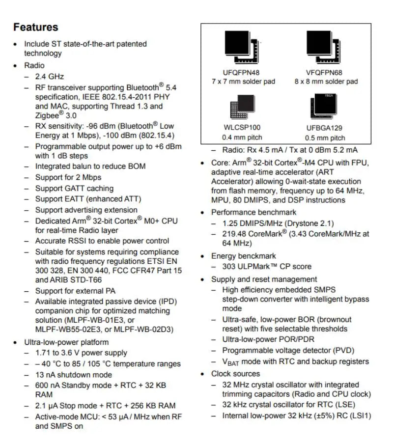 STM32WB55CGU6 STM32WB55 BLE 5.0 MCU ARM Cortex-M4 Dual Core Microcontroller UFQFPN-48 1MB Flash 256KB RAM Original Low Power IC