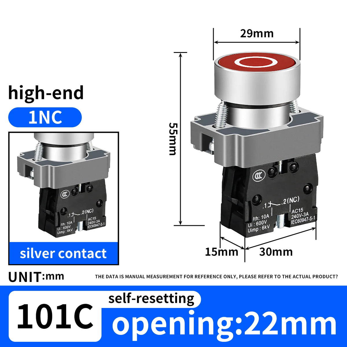 10Pcs 22MM Momentary symbols Push Button Switch 1NO1NC SPDT 10Amp 600V Metal Head Waterproof IP65,Control power button switch