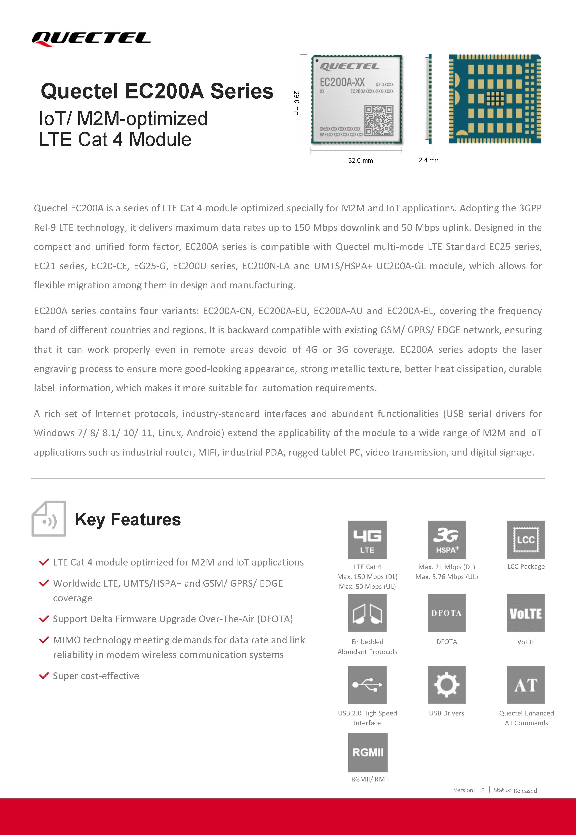 Quectel EC200A M.2 4G LTE Module Cat4 + GNSS GPS EC200A-EU EC200A-AU ESIM Compatible EC25 EC21 EC20 EG25 EC200U
