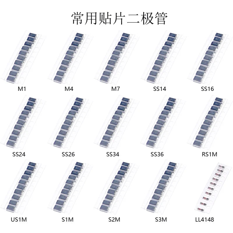 150pcs 15Value SMD Fast Switching Schottky Diode Assort Kit M1 M4 M7 S 1 S2M S SS14 SS16 SS24 SS26 SS34 SS36 RS 1 US 1