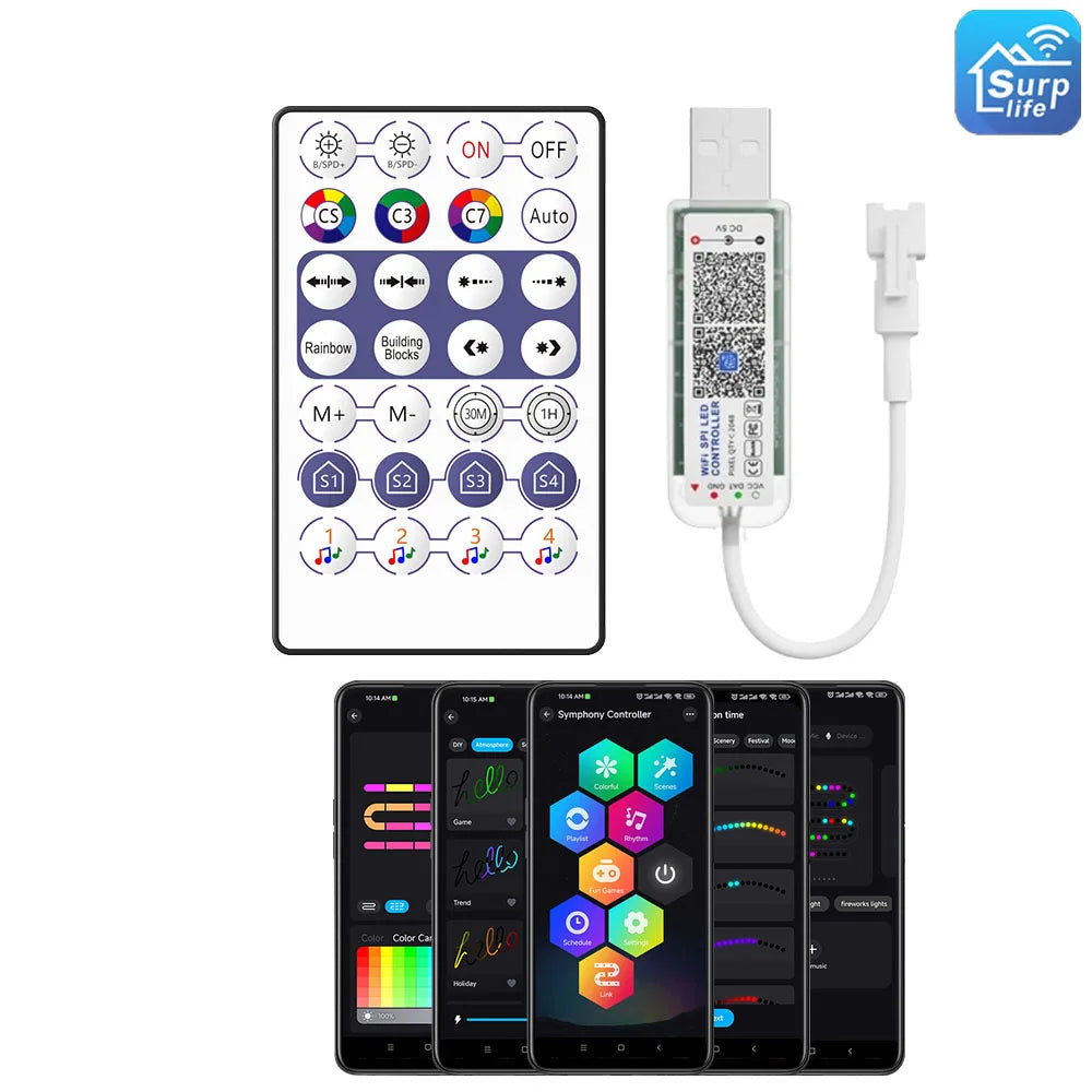 WS2812B LED Strip Bluetooth Wifi Music Controller Kit Individually Addressable Smart RGB LED Tape 30/60/74/96/144Leds/m USB DC5V