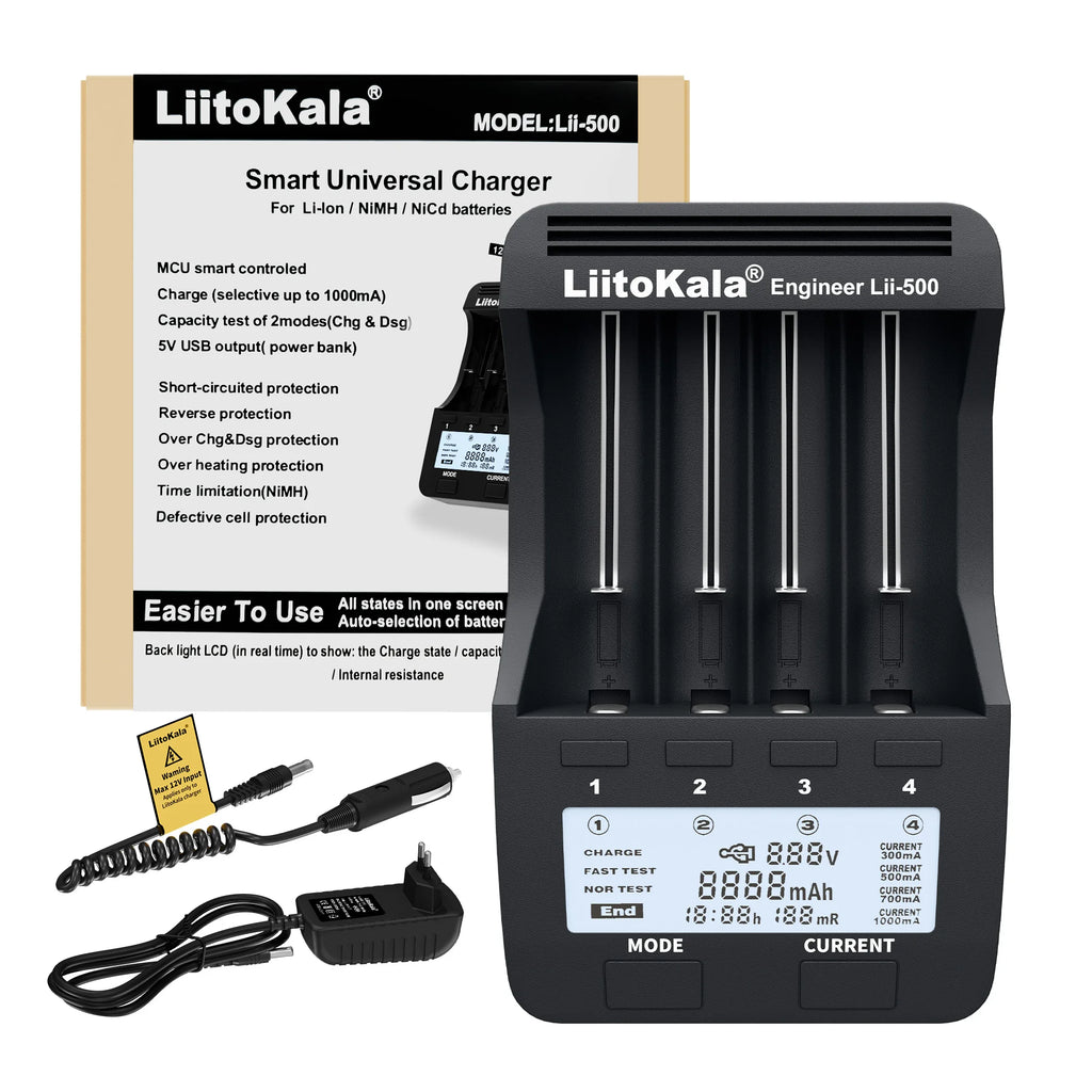 LiitoKala Lii-500 Battery Charger 4 Slot LCD Tester for 18650 26650 AA AAA Flashlight Vape Li-ion NiMH Rechargeable Cells